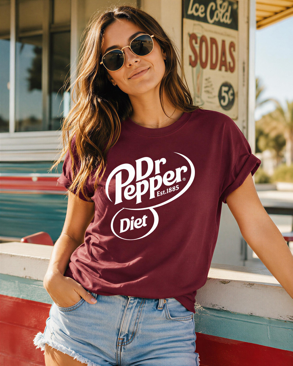 Retro Soda Tee, Distressed 80s Graphic Maroon